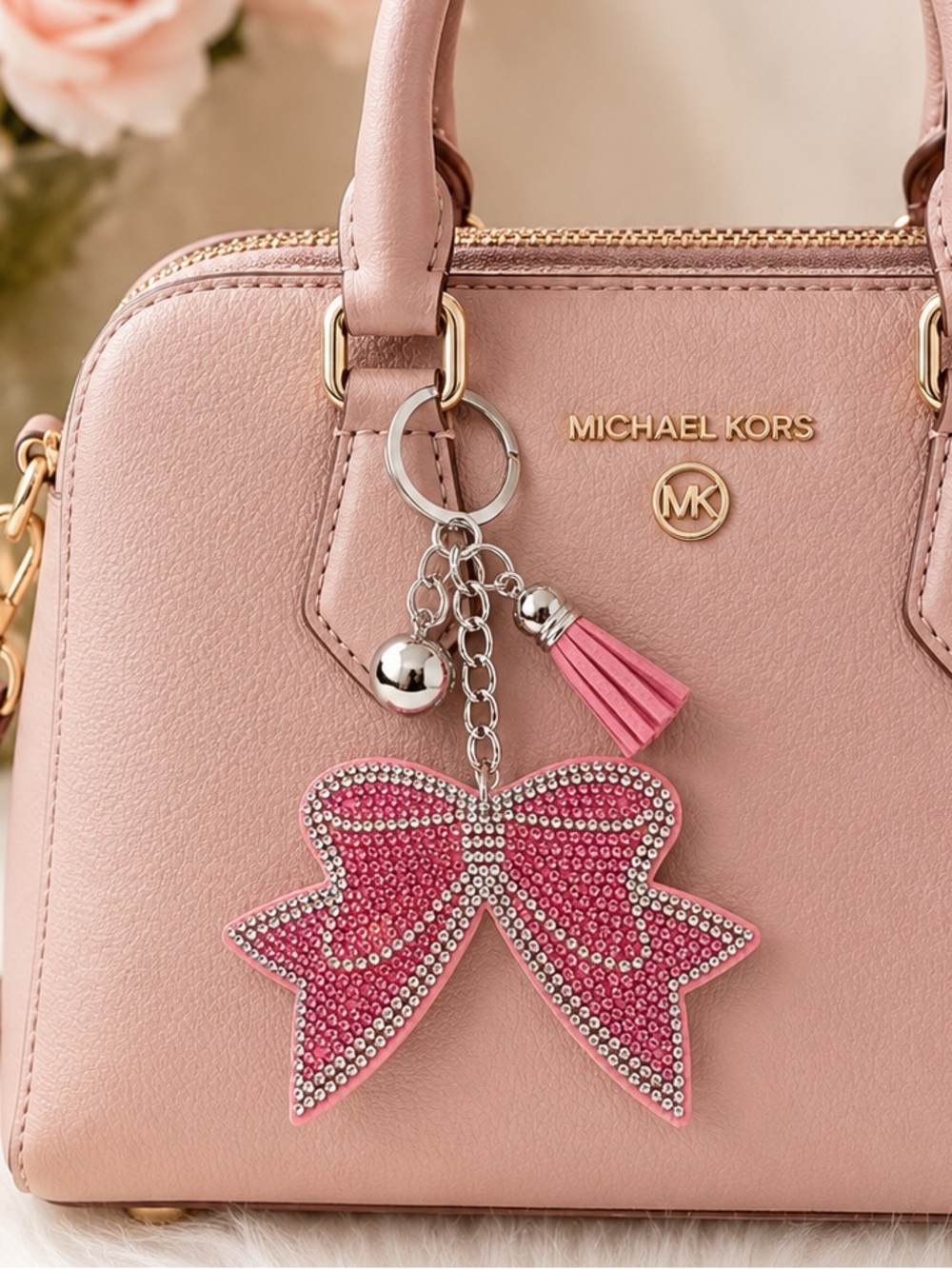 Pink Rhinestone Bow Bag Charm Keychain Purse Charm